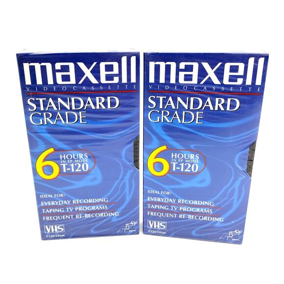Lot of 2 Maxell Standard Grade T-120 6 Hours Blank VHS Videocassettes Tapes New - Picture 1 of 3